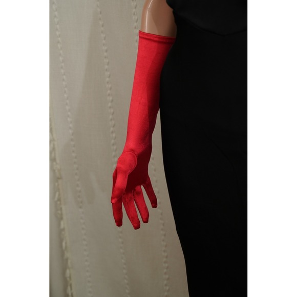 Scarlet Red Satin Cocktail Length Gloves (just below elbow 8BL) Formal Evening - Picture 4 of 5